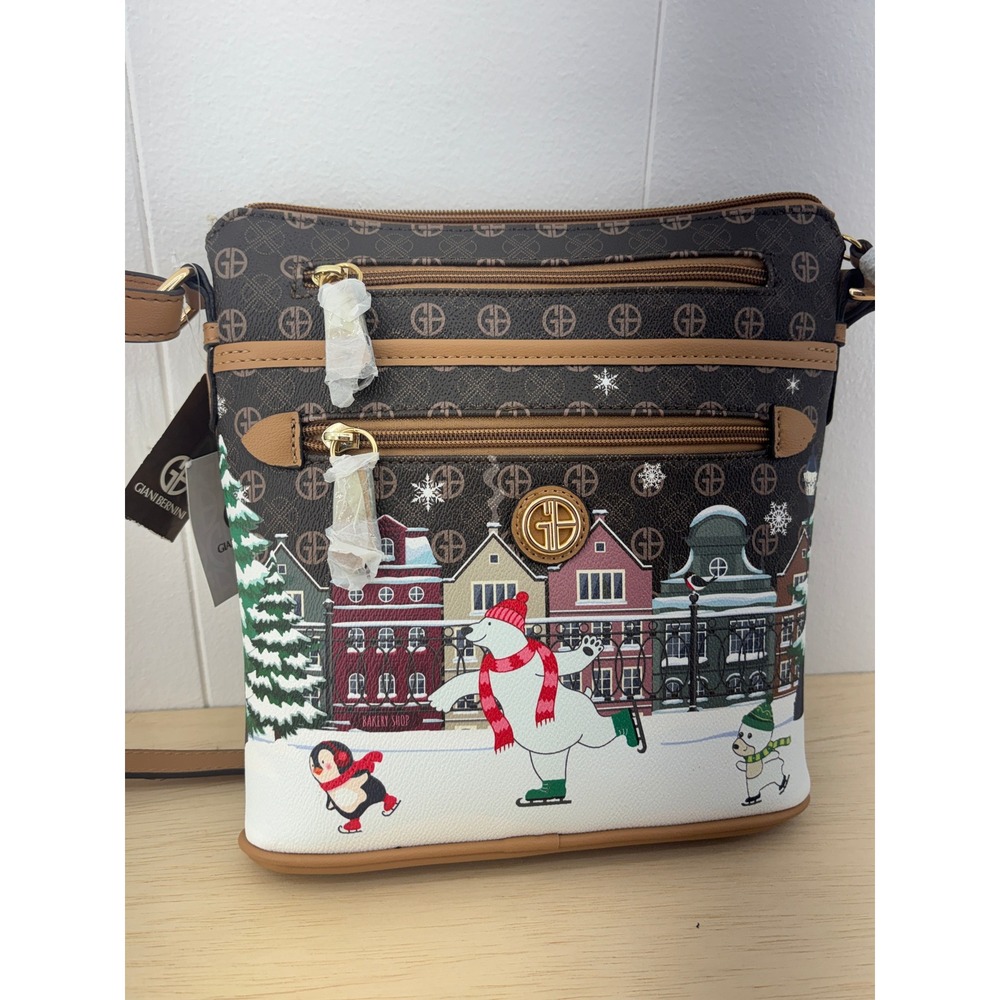 Giani Bernini Holiday Crossbody Bag Brown Monogram Winter Skating Scene NWT